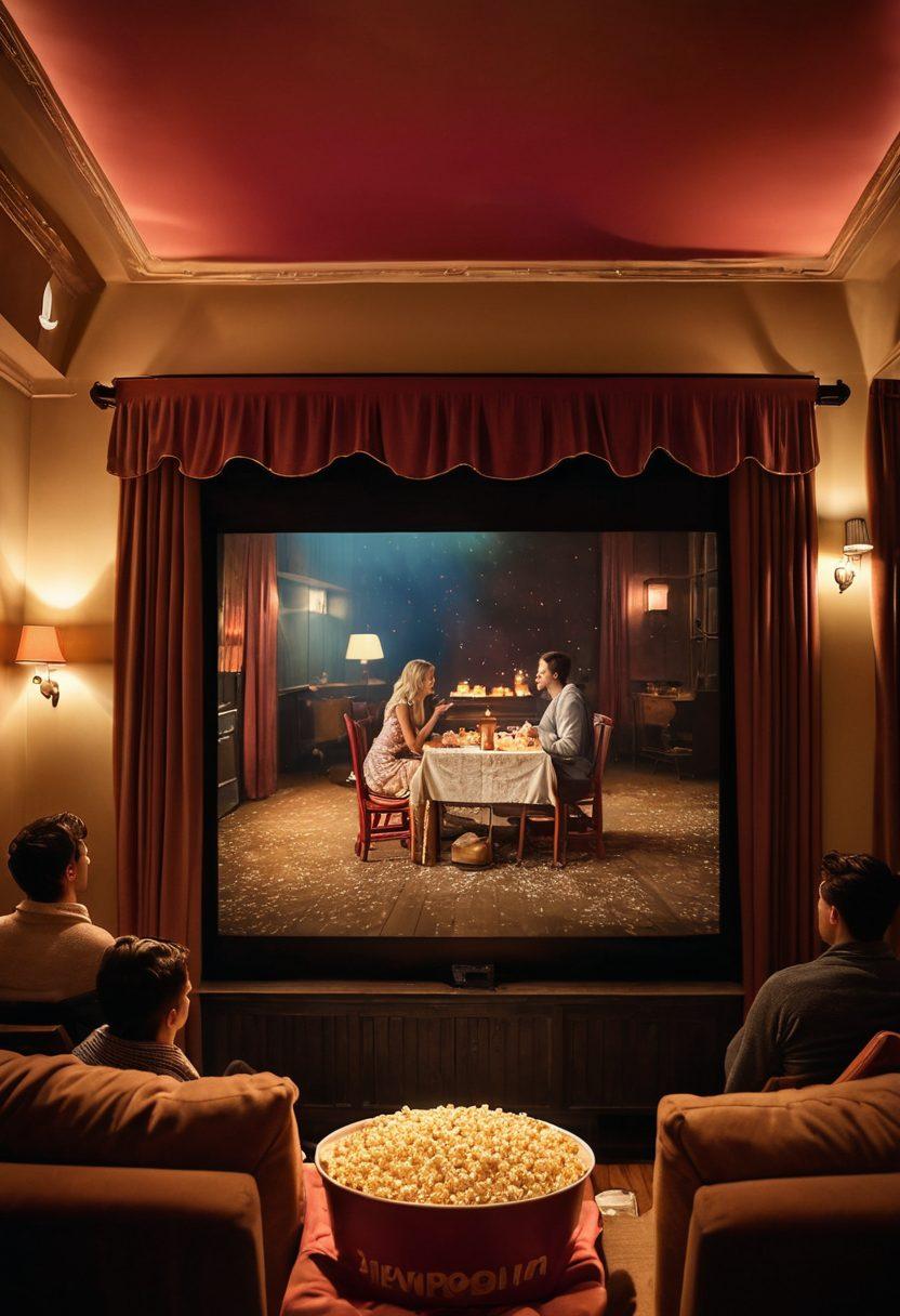 A cozy cinema setting with a large, nostalgic film projector casting romantic scenes on a vintage screen. The audience, a mix of diverse couples from around the world, is immersed in the movie with popcorn and snacks. Soft, warm lighting creates an intimate atmosphere, embellished with floating hearts and film reels in the background. Capture the essence of love and unity in cinema. super-realistic. vibrant colors. cozy ambiance.