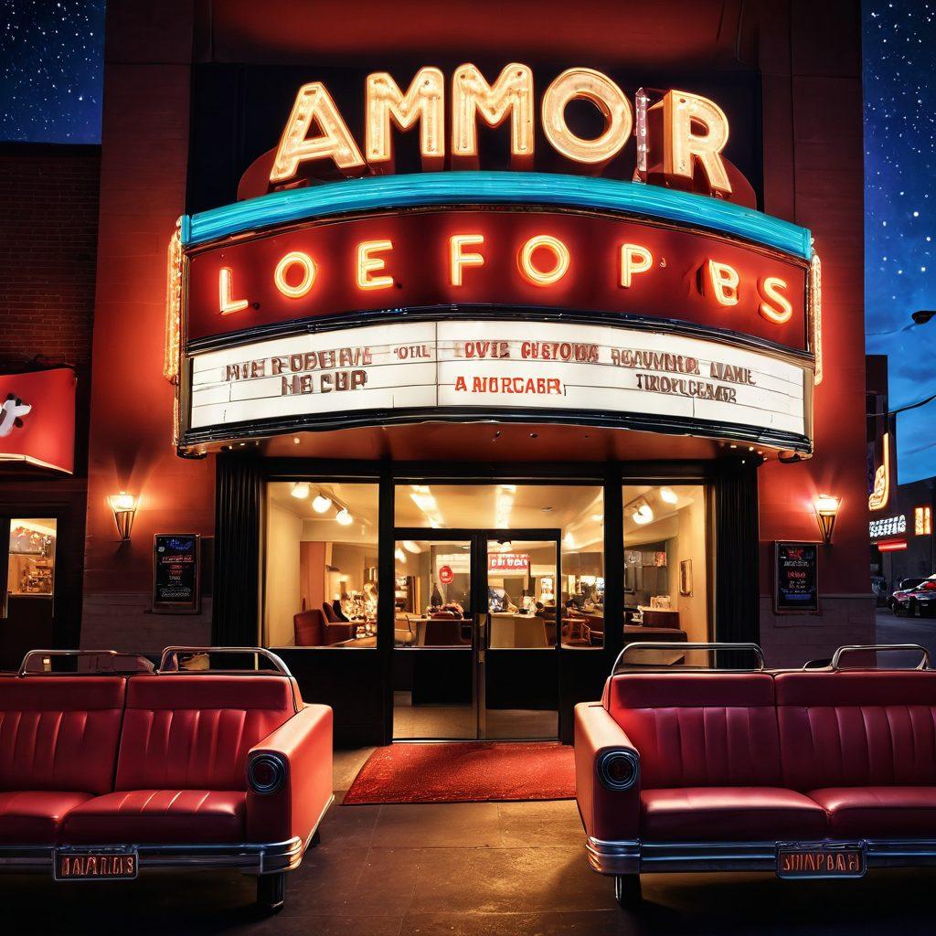 A romantic scene featuring a vintage movie theater showing a classic love film, with a glowing marquee displaying 'Amor' in vibrant neon lights. Add couples snuggled in cozy seats, surrounded by popcorn and a warm atmosphere. Include hearts and film reels as decorative elements. The night sky outside can be filled with stars, reflecting the magic of romance. super-realistic. vibrant colors.