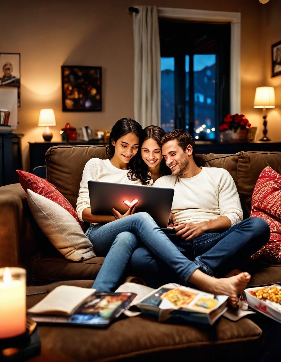 A cozy home setting featuring a couple snuggled on a couch with a laptop open, displaying a romantic movie scene. Include soft lighting, popcorn, and a heart-shaped pillow beside them. Create a warm and inviting atmosphere that emphasizes love and connection in the digital age. vibrant colors. super-realistic.